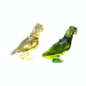 Baccarat Crystal Parrot Birds Pair Green & Amber Signed France Rare Colored